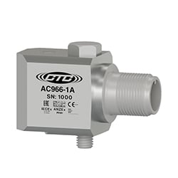 A stainless steel, side exit AC966 industrial vibration sensor engraved with the CTC Line logo, part number, serial number, and hazardous area certification logos